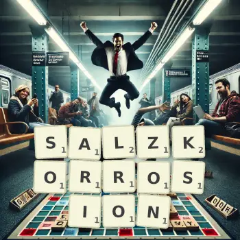 Kreative Illustration für ein Scrabble-Spiel, bei dem das Wort SALZKORROSION mit Steinen auf dem Brett gelegt wurde.