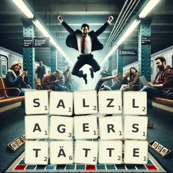 Kreative Illustration für ein Scrabble-Spiel, bei dem das Wort SALZLAGERSTÄTTE mit Steinen auf dem Brett gelegt wurde.