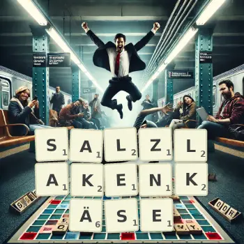 Kreative Illustration für ein Scrabble-Spiel, bei dem das Wort SALZLAKENKÄSE mit Steinen auf dem Brett gelegt wurde.