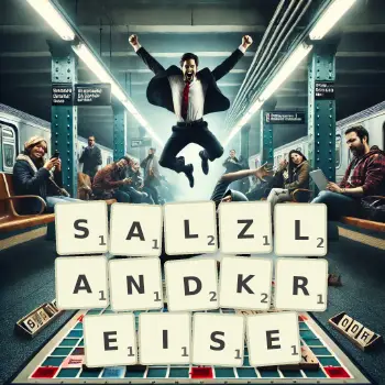 Kreative Illustration für ein Scrabble-Spiel, bei dem das Wort SALZLANDKREISE mit Steinen auf dem Brett gelegt wurde.