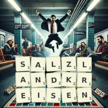 Kreative Illustration für ein Scrabble-Spiel, bei dem das Wort SALZLANDKREISEN mit Steinen auf dem Brett gelegt wurde.