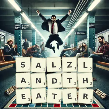 Kreative Illustration für ein Scrabble-Spiel, bei dem das Wort SALZLANDTHEATER mit Steinen auf dem Brett gelegt wurde.