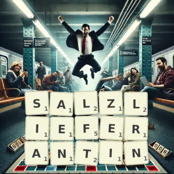 Kreative Illustration für ein Scrabble-Spiel, bei dem das Wort SALZLIEFERANTIN mit Steinen auf dem Brett gelegt wurde.