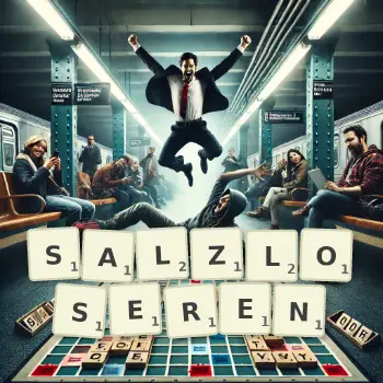 Kreative Illustration für ein Scrabble-Spiel, bei dem das Wort SALZLOSEREN mit Steinen auf dem Brett gelegt wurde.