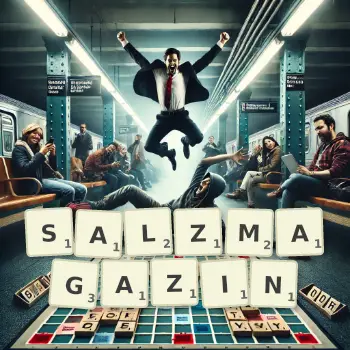 Kreative Illustration für ein Scrabble-Spiel, bei dem das Wort SALZMAGAZIN mit Steinen auf dem Brett gelegt wurde.