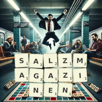 Kreative Illustration für ein Scrabble-Spiel, bei dem das Wort SALZMAGAZINEN mit Steinen auf dem Brett gelegt wurde.