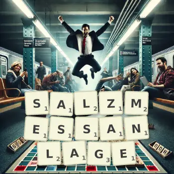 Kreative Illustration für ein Scrabble-Spiel, bei dem das Wort SALZMESSANLAGE mit Steinen auf dem Brett gelegt wurde.