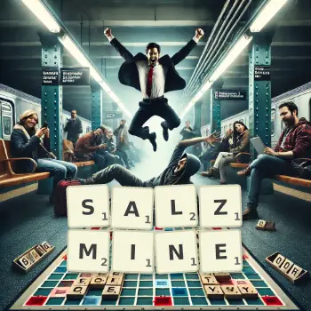Kreative Illustration für ein Scrabble-Spiel, bei dem das Wort SALZMINE mit Steinen auf dem Brett gelegt wurde.