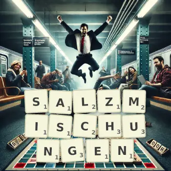 Kreative Illustration für ein Scrabble-Spiel, bei dem das Wort SALZMISCHUNGEN mit Steinen auf dem Brett gelegt wurde.