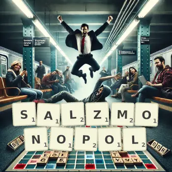 Kreative Illustration für ein Scrabble-Spiel, bei dem das Wort SALZMONOPOL mit Steinen auf dem Brett gelegt wurde.