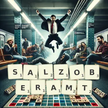 Kreative Illustration für ein Scrabble-Spiel, bei dem das Wort SALZOBERAMT mit Steinen auf dem Brett gelegt wurde.