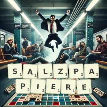 Kreative Illustration für ein Scrabble-Spiel, bei dem das Wort SALZPAPIERE mit Steinen auf dem Brett gelegt wurde.