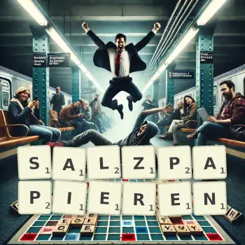 Kreative Illustration für ein Scrabble-Spiel, bei dem das Wort SALZPAPIEREN mit Steinen auf dem Brett gelegt wurde.