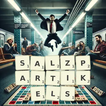 Kreative Illustration für ein Scrabble-Spiel, bei dem das Wort SALZPARTIKELS mit Steinen auf dem Brett gelegt wurde.