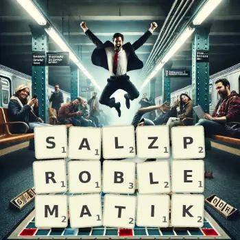 Kreative Illustration für ein Scrabble-Spiel, bei dem das Wort SALZPROBLEMATIK mit Steinen auf dem Brett gelegt wurde.