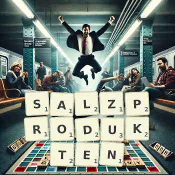 Kreative Illustration für ein Scrabble-Spiel, bei dem das Wort SALZPRODUKTEN mit Steinen auf dem Brett gelegt wurde.