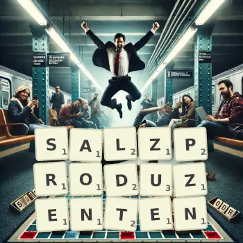 Kreative Illustration für ein Scrabble-Spiel, bei dem das Wort SALZPRODUZENTEN mit Steinen auf dem Brett gelegt wurde.