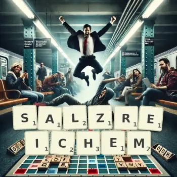 Kreative Illustration für ein Scrabble-Spiel, bei dem das Wort SALZREICHEM mit Steinen auf dem Brett gelegt wurde.