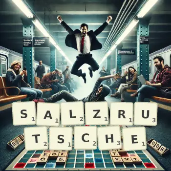 Kreative Illustration für ein Scrabble-Spiel, bei dem das Wort SALZRUTSCHE mit Steinen auf dem Brett gelegt wurde.
