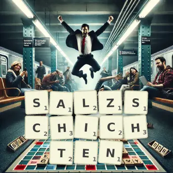 Kreative Illustration für ein Scrabble-Spiel, bei dem das Wort SALZSCHICHTEN mit Steinen auf dem Brett gelegt wurde.
