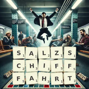 Kreative Illustration für ein Scrabble-Spiel, bei dem das Wort SALZSCHIFFFAHRT mit Steinen auf dem Brett gelegt wurde.