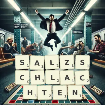 Kreative Illustration für ein Scrabble-Spiel, bei dem das Wort SALZSCHLACHTEN mit Steinen auf dem Brett gelegt wurde.