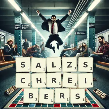Kreative Illustration für ein Scrabble-Spiel, bei dem das Wort SALZSCHREIBERS mit Steinen auf dem Brett gelegt wurde.