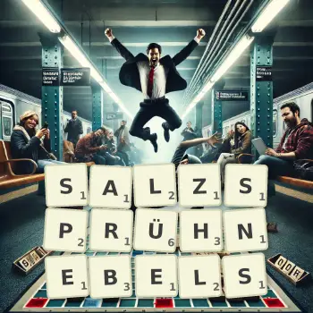 Kreative Illustration für ein Scrabble-Spiel, bei dem das Wort SALZSPRÜHNEBELS mit Steinen auf dem Brett gelegt wurde.