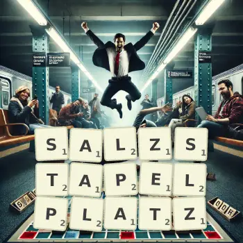 Kreative Illustration für ein Scrabble-Spiel, bei dem das Wort SALZSTAPELPLATZ mit Steinen auf dem Brett gelegt wurde.