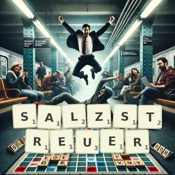 Kreative Illustration für ein Scrabble-Spiel, bei dem das Wort SALZSTREUER mit Steinen auf dem Brett gelegt wurde.