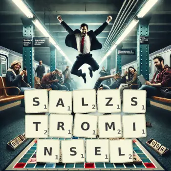 Kreative Illustration für ein Scrabble-Spiel, bei dem das Wort SALZSTROMINSEL mit Steinen auf dem Brett gelegt wurde.