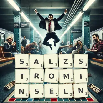 Kreative Illustration für ein Scrabble-Spiel, bei dem das Wort SALZSTROMINSELN mit Steinen auf dem Brett gelegt wurde.