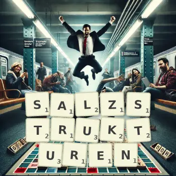 Kreative Illustration für ein Scrabble-Spiel, bei dem das Wort SALZSTRUKTUREN mit Steinen auf dem Brett gelegt wurde.