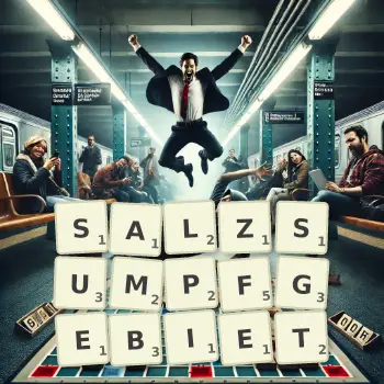 Kreative Illustration für ein Scrabble-Spiel, bei dem das Wort SALZSUMPFGEBIET mit Steinen auf dem Brett gelegt wurde.