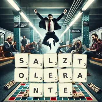 Kreative Illustration für ein Scrabble-Spiel, bei dem das Wort SALZTOLERANTE mit Steinen auf dem Brett gelegt wurde.