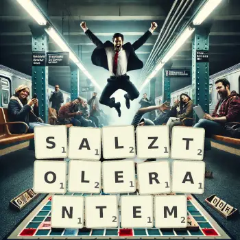 Kreative Illustration für ein Scrabble-Spiel, bei dem das Wort SALZTOLERANTEM mit Steinen auf dem Brett gelegt wurde.