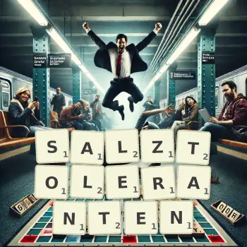 Kreative Illustration für ein Scrabble-Spiel, bei dem das Wort SALZTOLERANTEN mit Steinen auf dem Brett gelegt wurde.