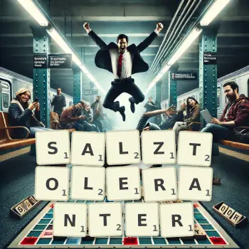 Kreative Illustration für ein Scrabble-Spiel, bei dem das Wort SALZTOLERANTER mit Steinen auf dem Brett gelegt wurde.