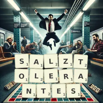 Kreative Illustration für ein Scrabble-Spiel, bei dem das Wort SALZTOLERANTES mit Steinen auf dem Brett gelegt wurde.