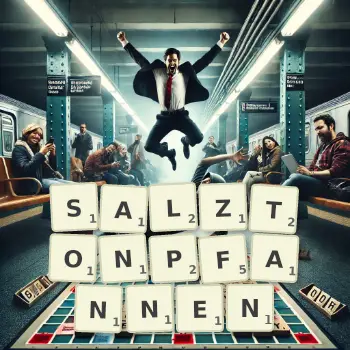Kreative Illustration für ein Scrabble-Spiel, bei dem das Wort SALZTONPFANNEN mit Steinen auf dem Brett gelegt wurde.