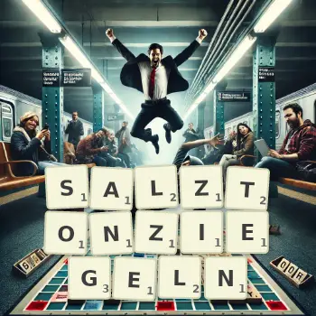 Kreative Illustration für ein Scrabble-Spiel, bei dem das Wort SALZTONZIEGELN mit Steinen auf dem Brett gelegt wurde.