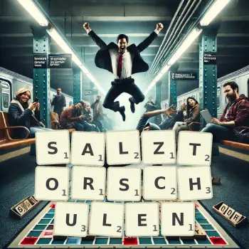 Kreative Illustration für ein Scrabble-Spiel, bei dem das Wort SALZTORSCHULEN mit Steinen auf dem Brett gelegt wurde.