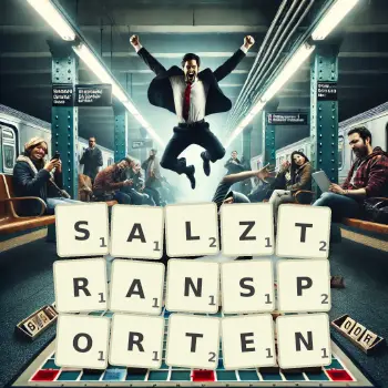 Kreative Illustration für ein Scrabble-Spiel, bei dem das Wort SALZTRANSPORTEN mit Steinen auf dem Brett gelegt wurde.