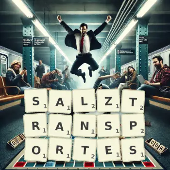 Kreative Illustration für ein Scrabble-Spiel, bei dem das Wort SALZTRANSPORTES mit Steinen auf dem Brett gelegt wurde.