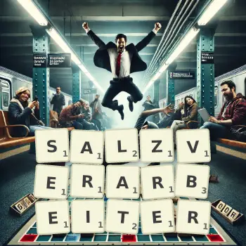Kreative Illustration für ein Scrabble-Spiel, bei dem das Wort SALZVERARBEITER mit Steinen auf dem Brett gelegt wurde.