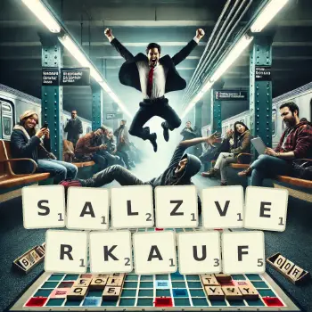 Kreative Illustration für ein Scrabble-Spiel, bei dem das Wort SALZVERKAUF mit Steinen auf dem Brett gelegt wurde.