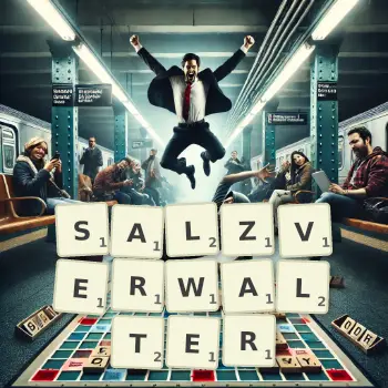 Kreative Illustration für ein Scrabble-Spiel, bei dem das Wort SALZVERWALTER mit Steinen auf dem Brett gelegt wurde.