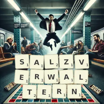 Kreative Illustration für ein Scrabble-Spiel, bei dem das Wort SALZVERWALTERN mit Steinen auf dem Brett gelegt wurde.