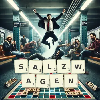 Kreative Illustration für ein Scrabble-Spiel, bei dem das Wort SALZWAGEN mit Steinen auf dem Brett gelegt wurde.