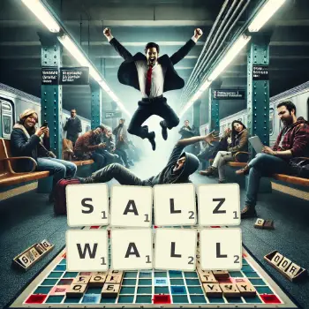 Kreative Illustration für ein Scrabble-Spiel, bei dem das Wort SALZWALL mit Steinen auf dem Brett gelegt wurde.
